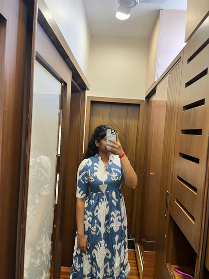 Denim Blue Pattern Cotton Maxi