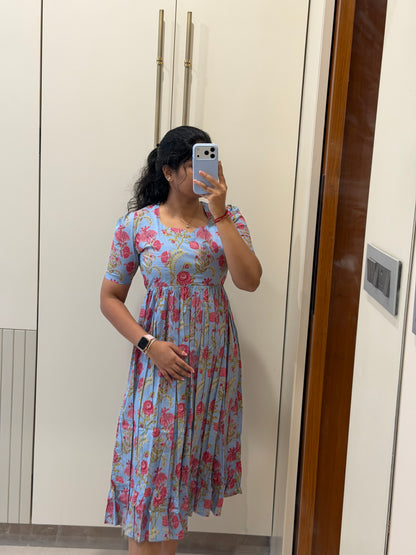 Bluish Grey Floral Cotton Maxi