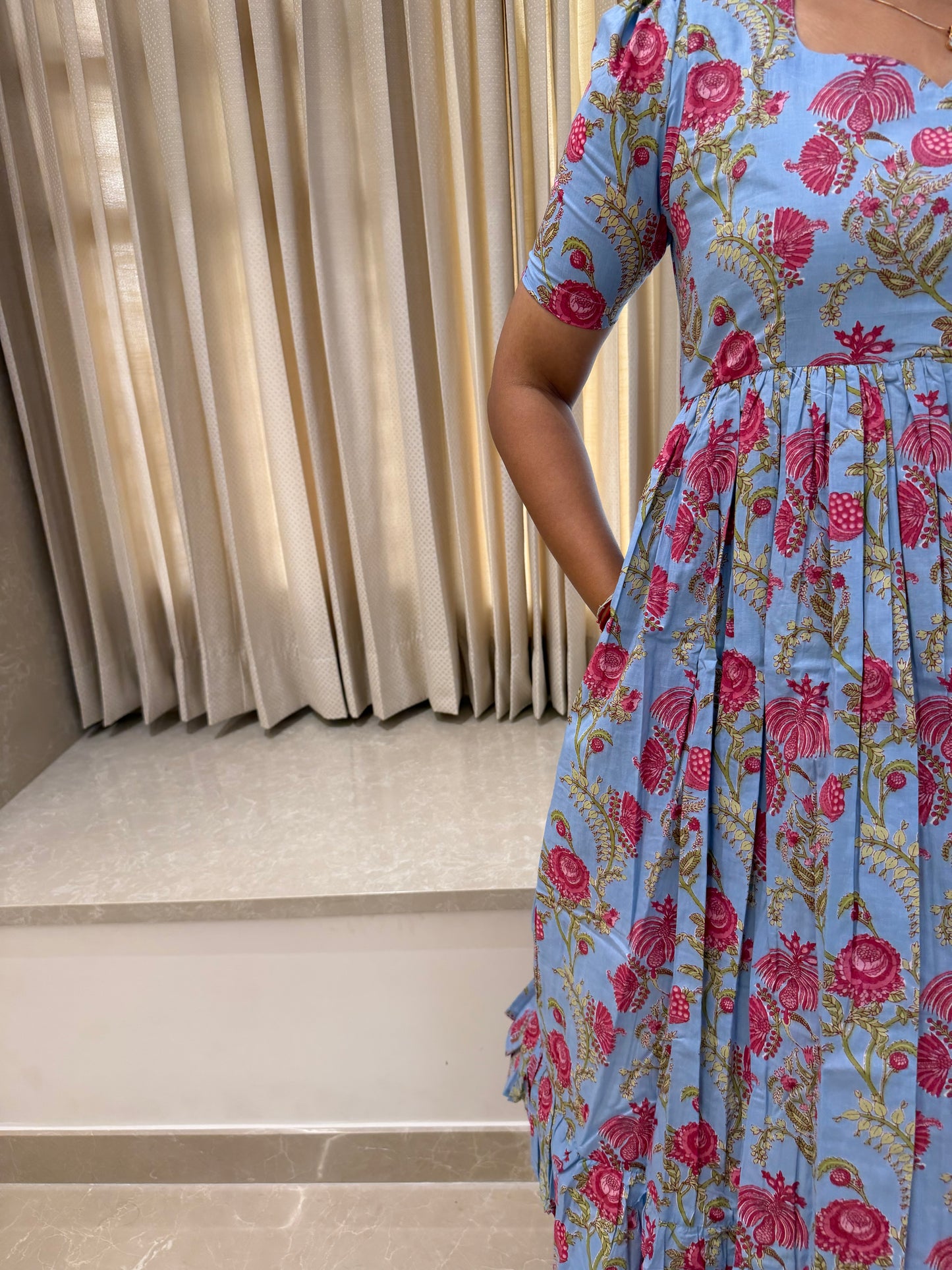 Bluish Grey Floral Cotton Maxi