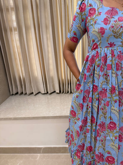 Bluish Grey Floral Cotton Maxi