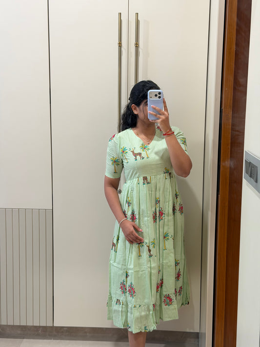 Green Stripes Deer Cotton Maxi