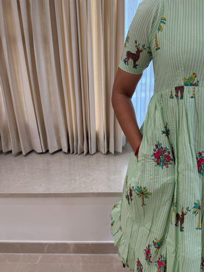 Green Stripes Deer Cotton Maxi